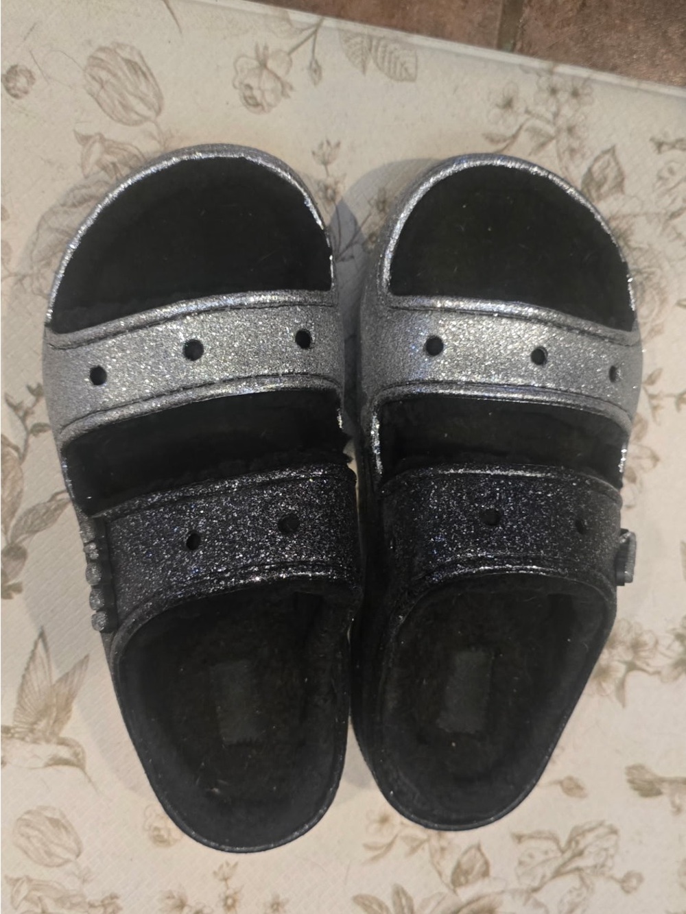 CROCS Glitter Double-Strap Slide Sandals in Silver and Black W-9 M-7 .